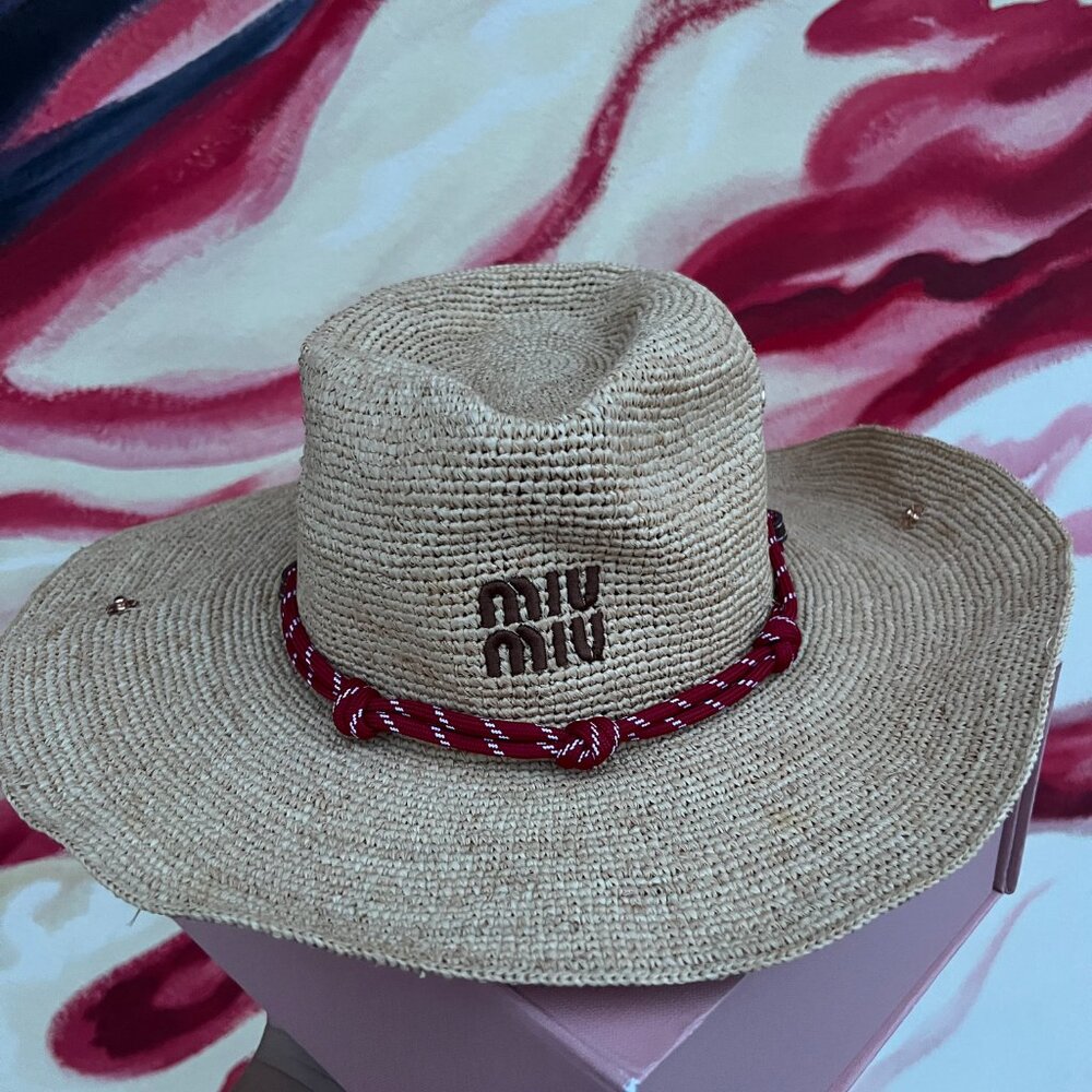 WomenMiu MiuStylish Panama Hat in Natural with Red Band Detail